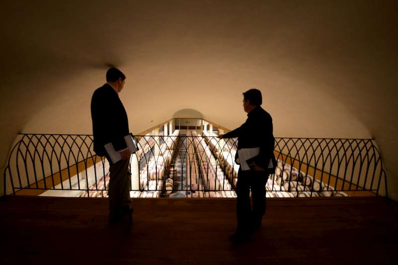Stephen and Nick overlooking the cellars at La Mission Haut Brion